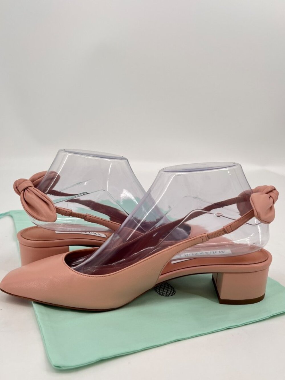 Aquazzura Very Bow Tie Sling Heels Pink Size 37.5 Leather Slip On Block Heel SB - Picture 12 of 14